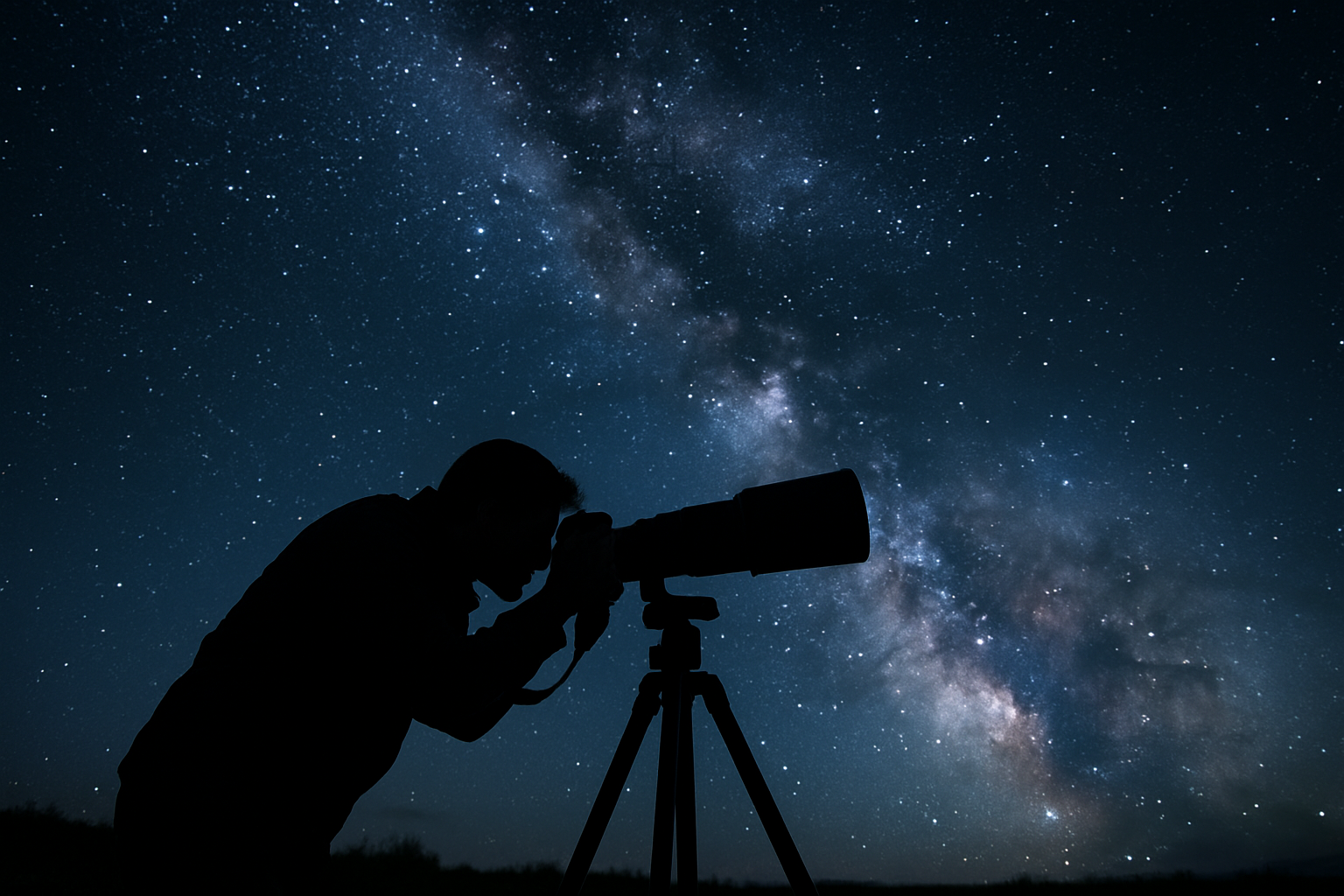 Photograph of a man capturing astrophotography under the night sky with the sky full of galaxies and stars as he is seen looking into his camera on a large tripe and large microscope lens looking to capture his next best image, the image is dark at night as the man is dimply lit and the sky it full of wonder 